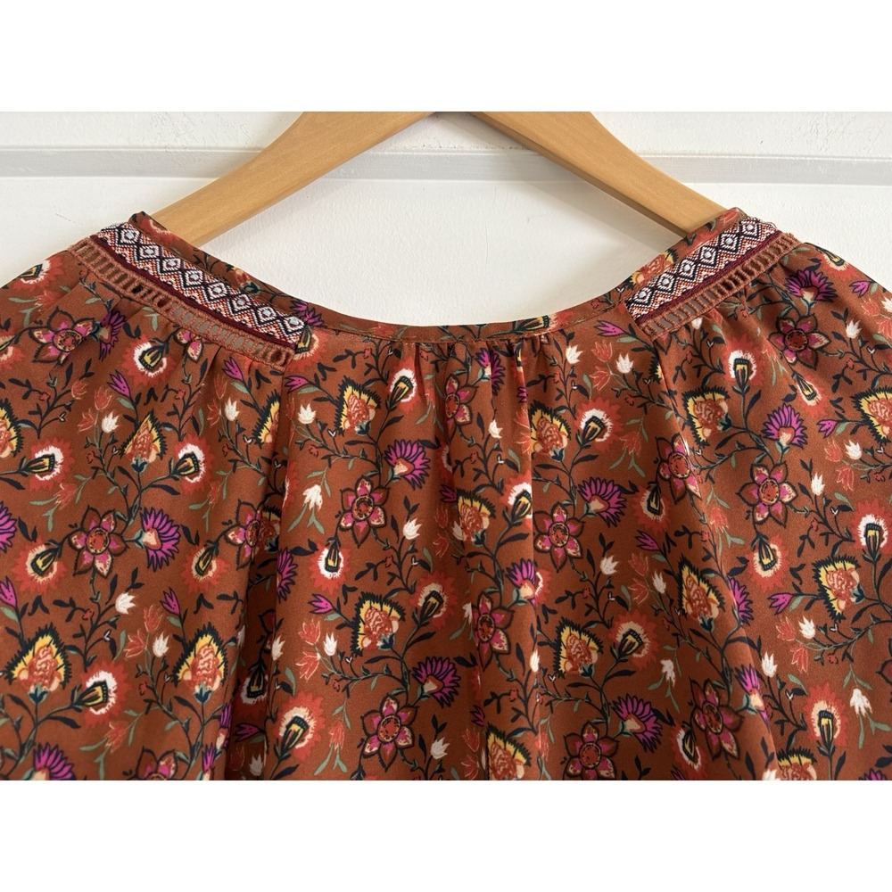 DR2 by Daniel Rainn Boho Floral Tassel Blouse M Short Sleeve Rust Pink Peasant - Picture 6 of 10